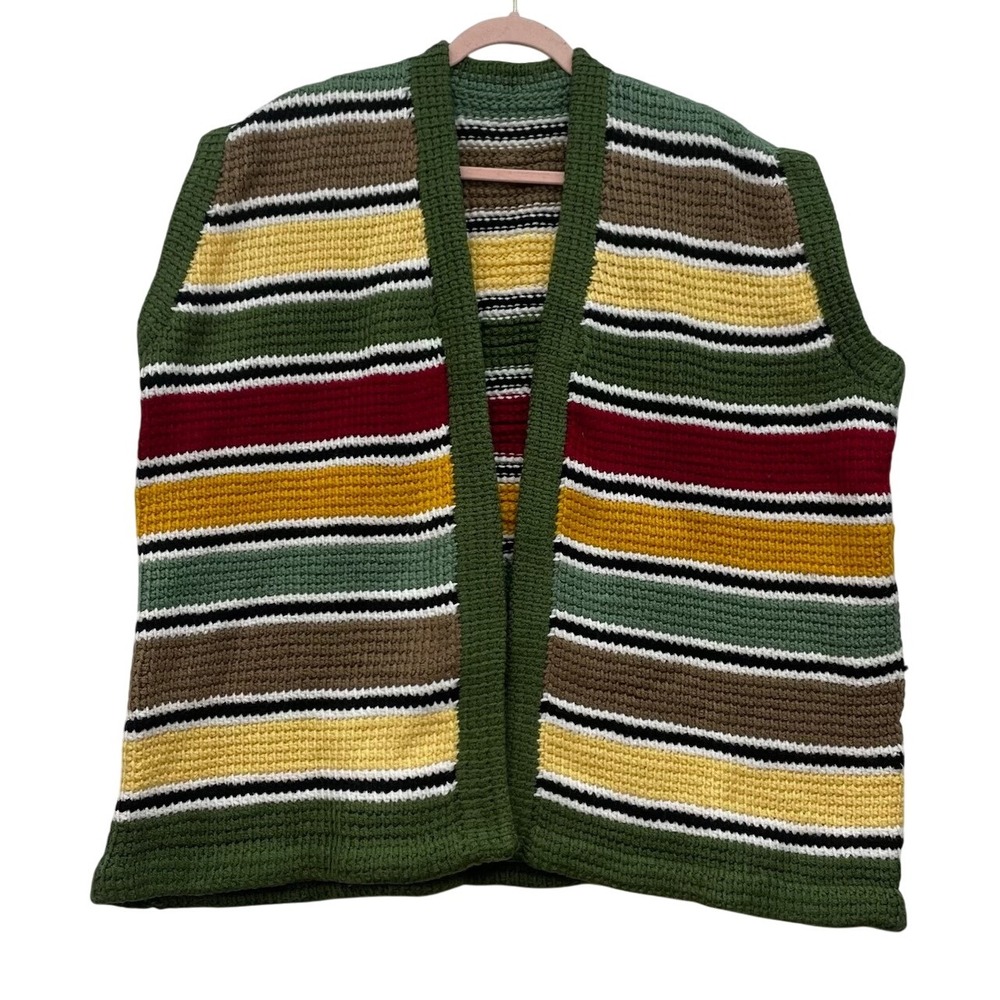 Handmade Crochet Vest Boho Striped Open‎ Front Grannycore Knit Oversized XL